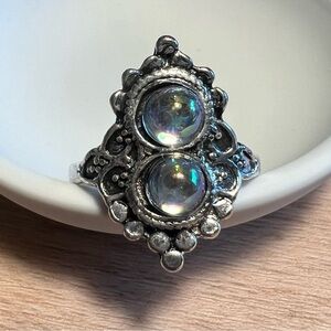 Boho Bali Ring Iridescent Silver Tone Size 7.25